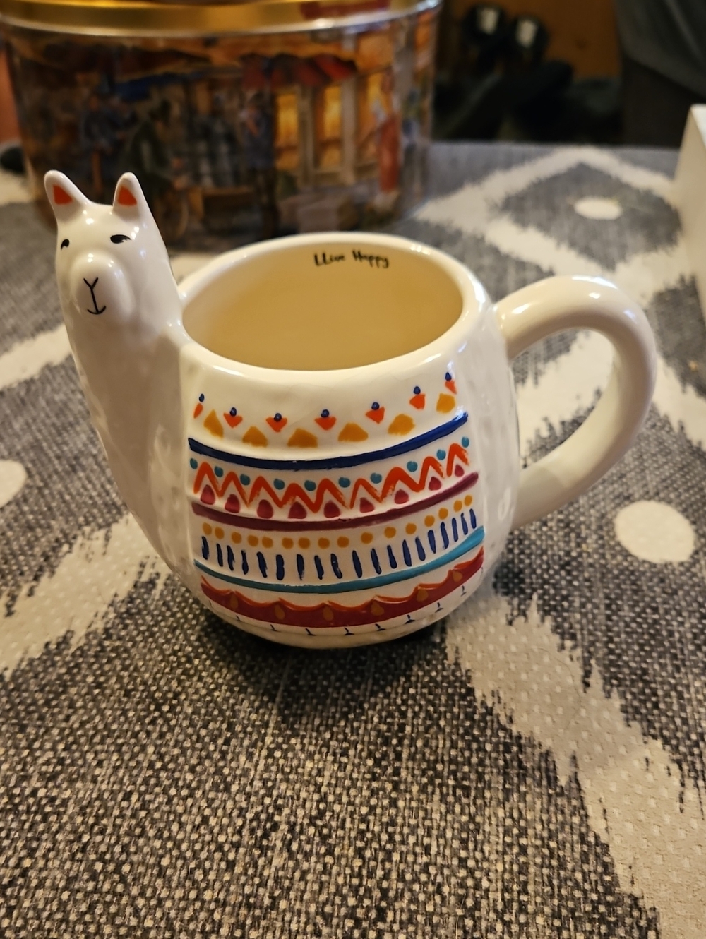 NATURAL LIFE Cream Llama Mug with Blue, Red, Orange and Yellow Accents